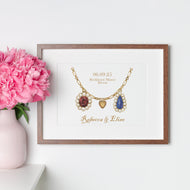 Framed jewelry print with floral arrangement on a white surface